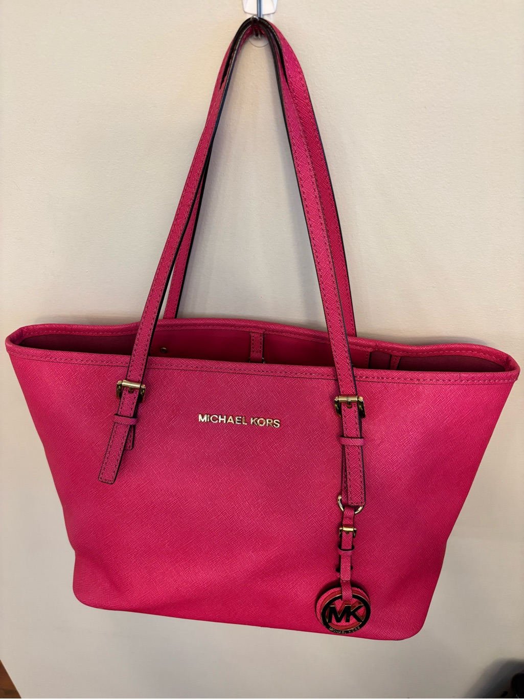 Michael Kors Fuchsia Saffiano Leather Tote With Mk Charm